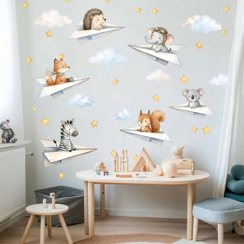 Autocolante de parede - Animais em aviões de papel
