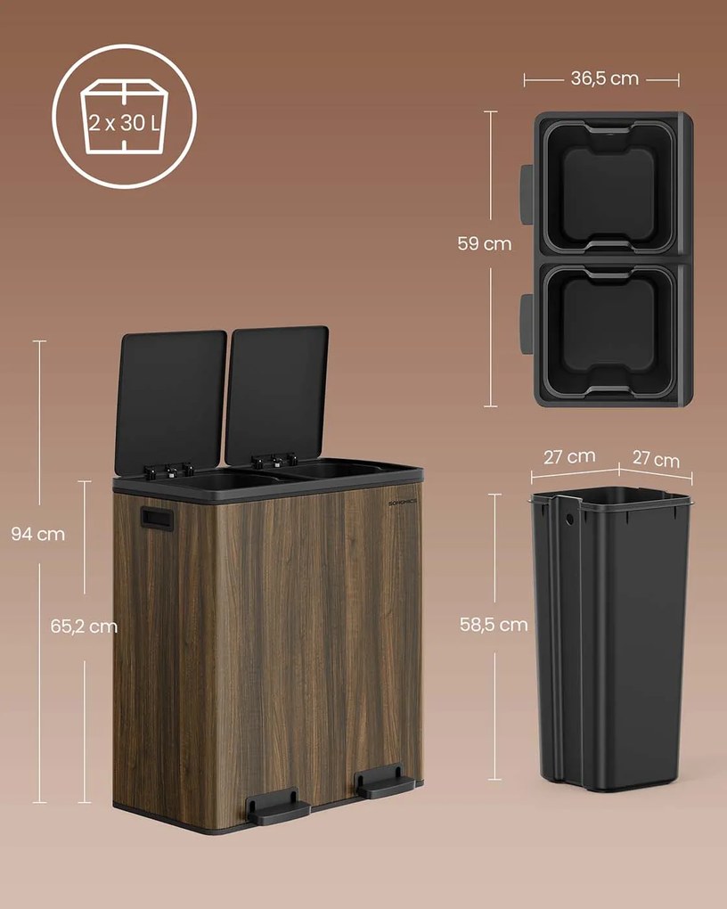 Caixote do lixo 59 x 36,5 x 65,2 cm com 2 compartimentos e 15 sacos de lixo Softclose em castanho