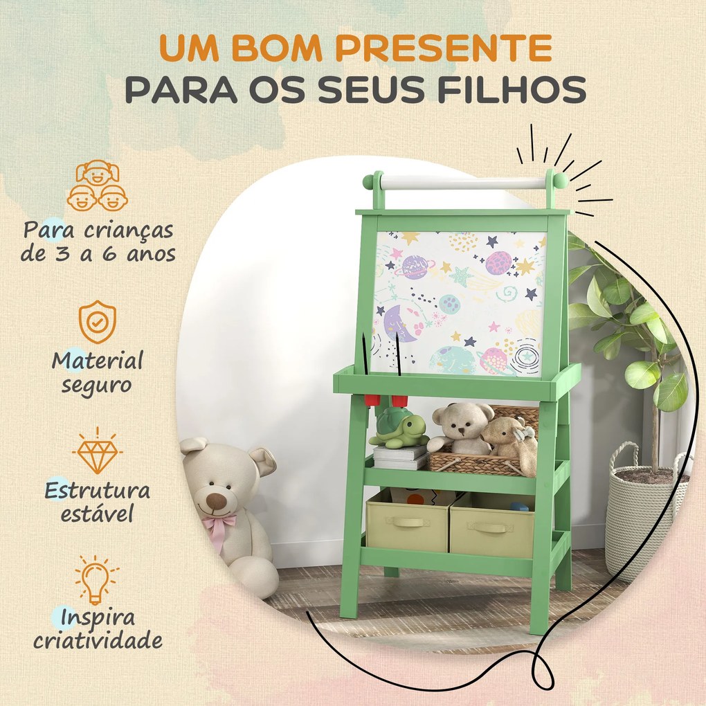 Cavalete de Pintura Infantil 3 em 1 Quadro Dupla Face com Rolo de Papel e Cestos de Arrumação Verde