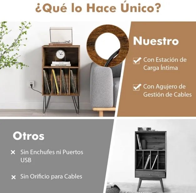 Suporte para discos de 3 níveis Mesa de armazenamento de discos com estação de carregamento Estante 4 divisórias 48 x 40 x 88 cm Castanho rústico