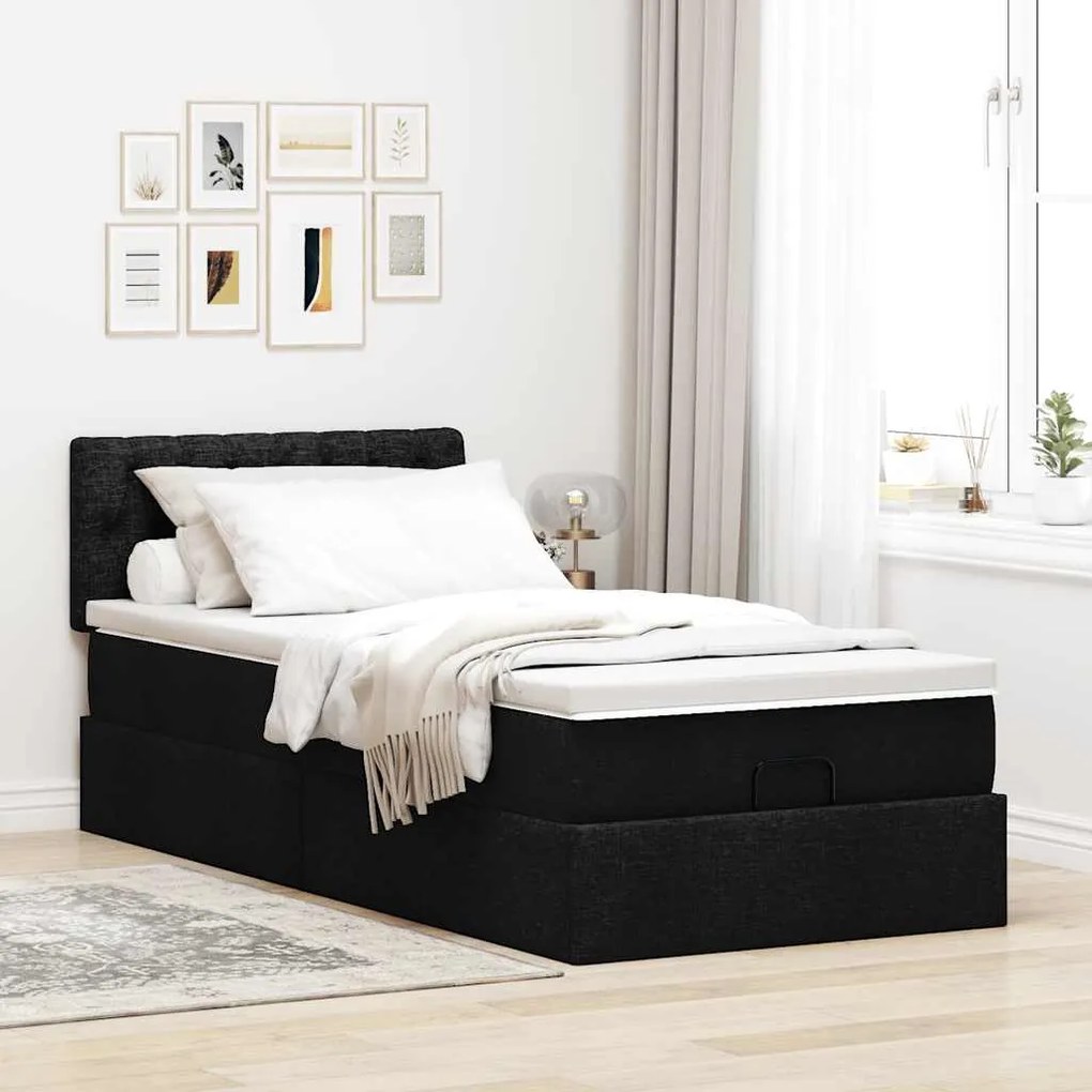 Cama otomana com colchão 90x200 cm tecido preto