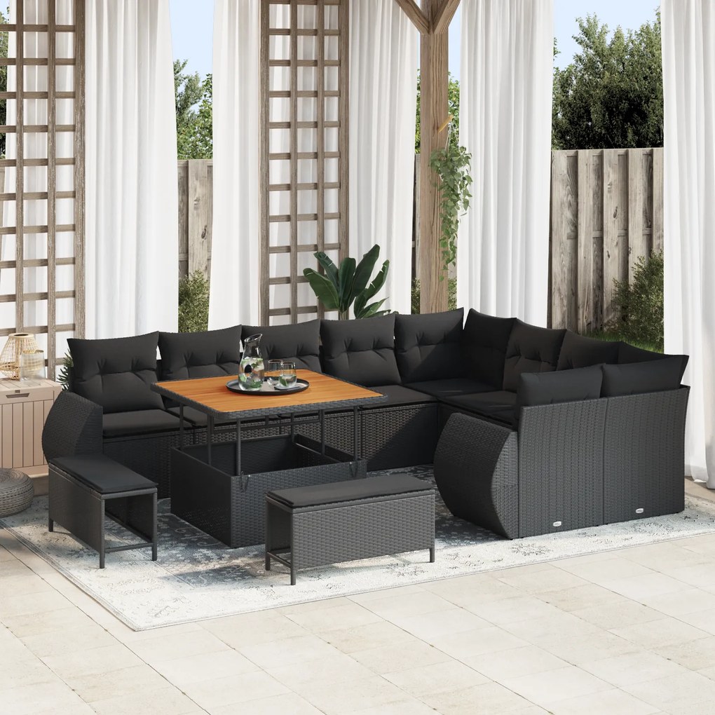 Conjunto de Sofá de Jardim vidaXL com Almofadas Preto Rattan Acácia, C