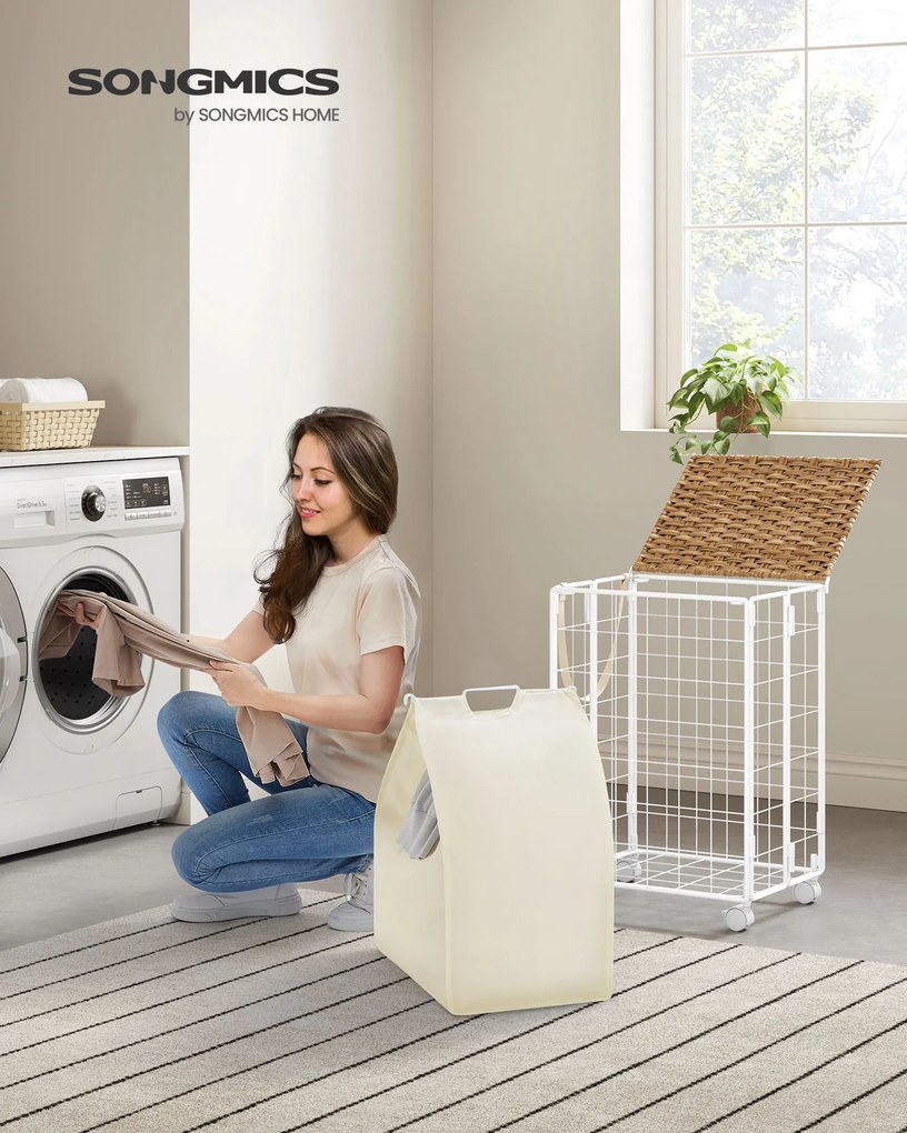 Cesto para roupa suja 46 x 33 x 65 cm com rodas e saco para roupa suja bege natural-branco creme