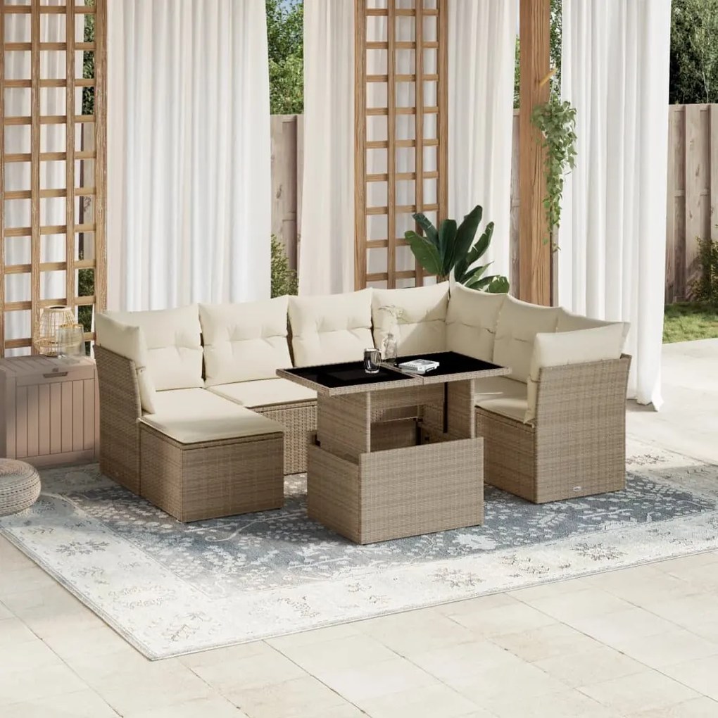 8 pcs conjunto de sofás p/ jardim com almofadões vime PE bege