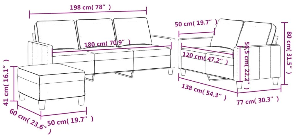 3 pcs conjunto de sofás com almofadões veludo cinzento-claro