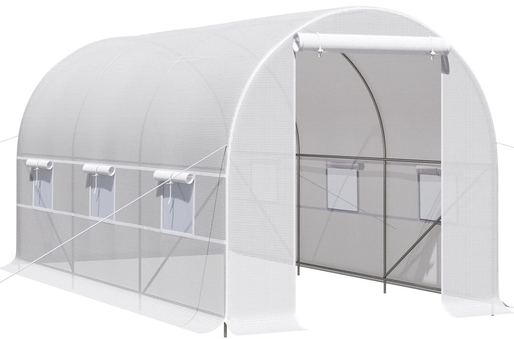 Outsunny Estufa Tipo Túnel 400x200x200cm Estufa de Jardim com Portas Enroláveis e 6 Janelas Cobertura de PE 140 g/m² Estrutura de Metal para Cultivo de Plantas Verduras Branco