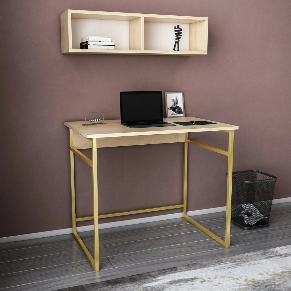 Secretária de Estudo Hussum - Dourado e Carvalho - 90x60x75 cm