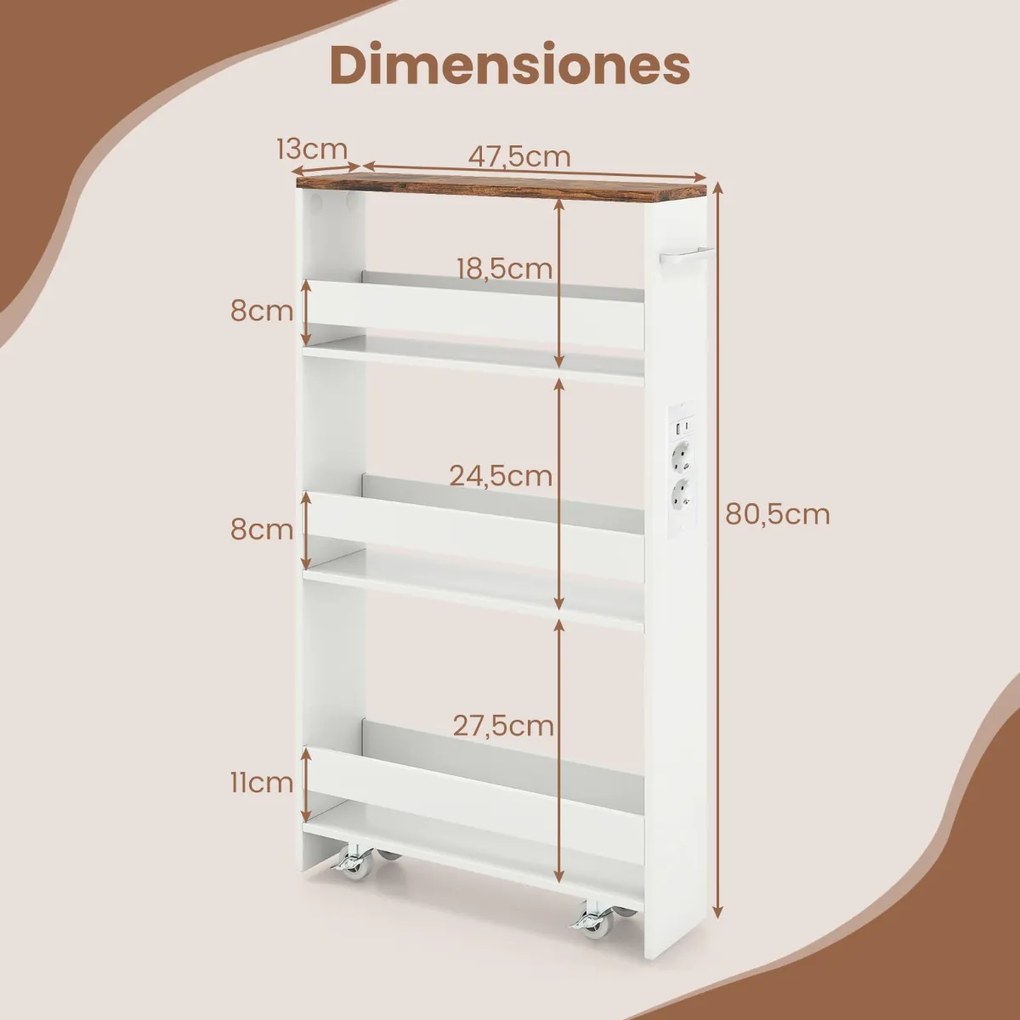 Carrinho cozinha estreito 47,5 x 13 x 80,5 cm com estação de carregamento de 4 níveis com rodas bloqueáveis Branco + Cor Nogueira