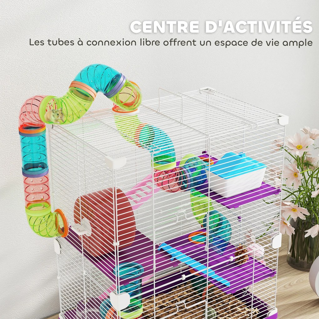 Gaiola para hamster de 4 andares com túneis, comedouro, roda, casinha e escadas – 46 x 30 x 58 cm – roxa