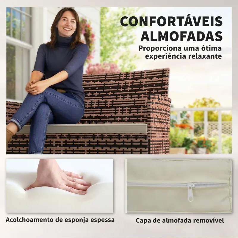 Sofá de Exterior em Rattan de 2 Lugares Sofá de Jardim com Almofada Lavável Estrutura de Aço para Varanda Caqui