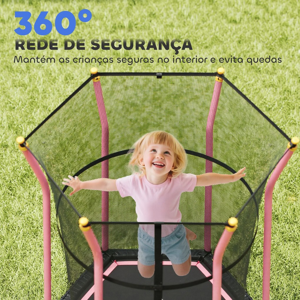 Trampolim para Crianças Cama Elástica Infantil com Rede de Segurança para Interiores e Exteriores Ø163,5x190 cm Rosa