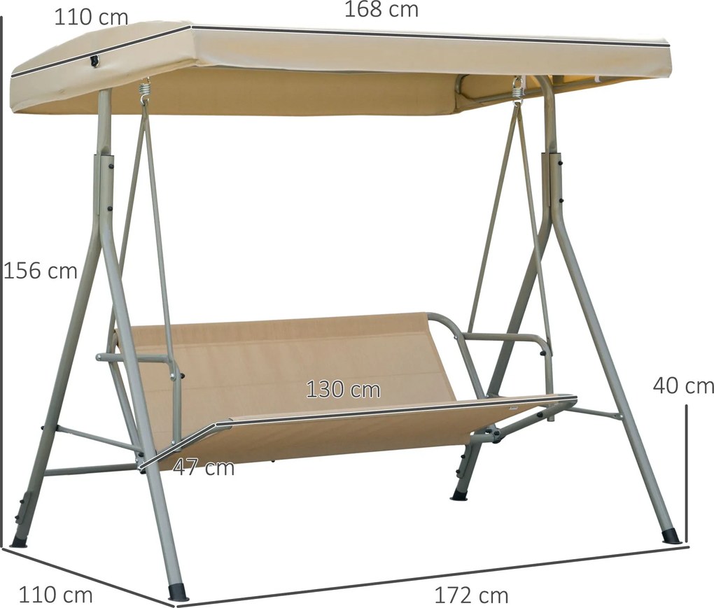 Baloiço de Jardim Exterior de 3 Lugares com Toldo Ajustável e Estrutura em Aço 172x110x156 cm Castanho Claro