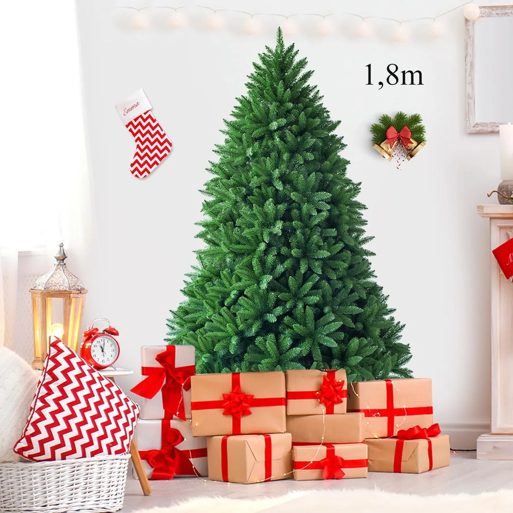 Árvore de Natal 1,8m com 1250 ramos Pinheiro Artificial com base metálica robusta verde
