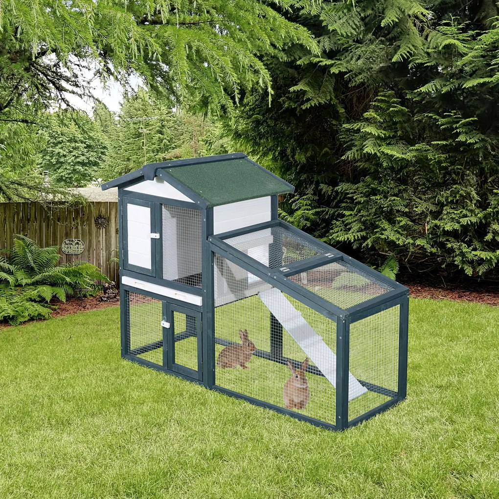 PawHut Gaiola de madeira para coelhos ao ar livre 2 níveis com bandeja removível e várias entradas telhado asfáltico Galinhas cobaias 140x65x100 cm Verde