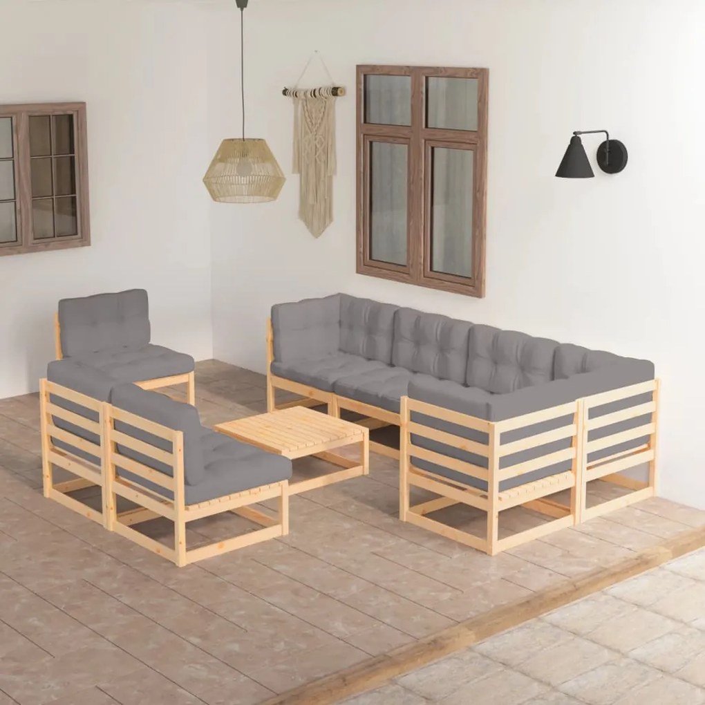 9 pcs conjunto lounge de jardim com almofadões pinho maciço