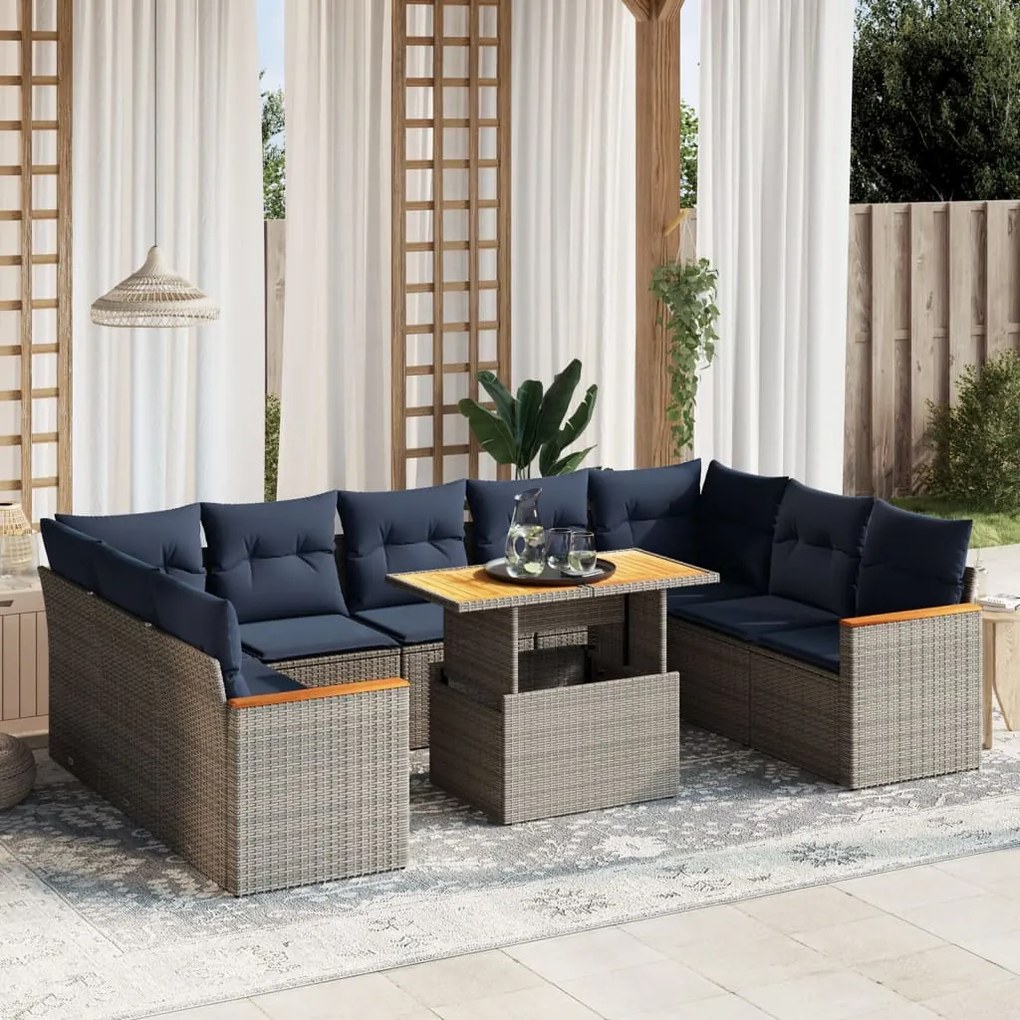 vidaXL 10 pcs conjunto sofás p/ jardim c/ almofadões vime PE cinzento