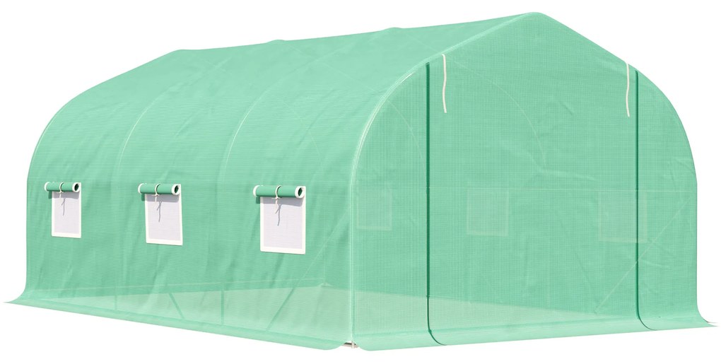 Outsunny Estufa Tipo Túnel 450x300x200 cm Estufa de Jardim com Porta e 6 Janelas Enroláveis Cobertura de PE e Aço Verde