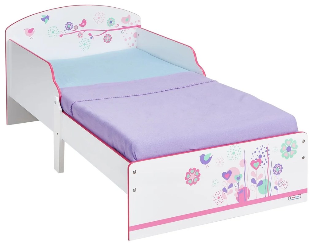 Cama infantil, desenhos Pássaros de madeira + Colchão e almofada 140 x 70 cm ROSA
