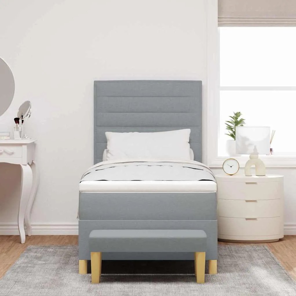 Cama Box Spring com Colchão &amp; Banco Cinza Claro 90x190 cm Tecido