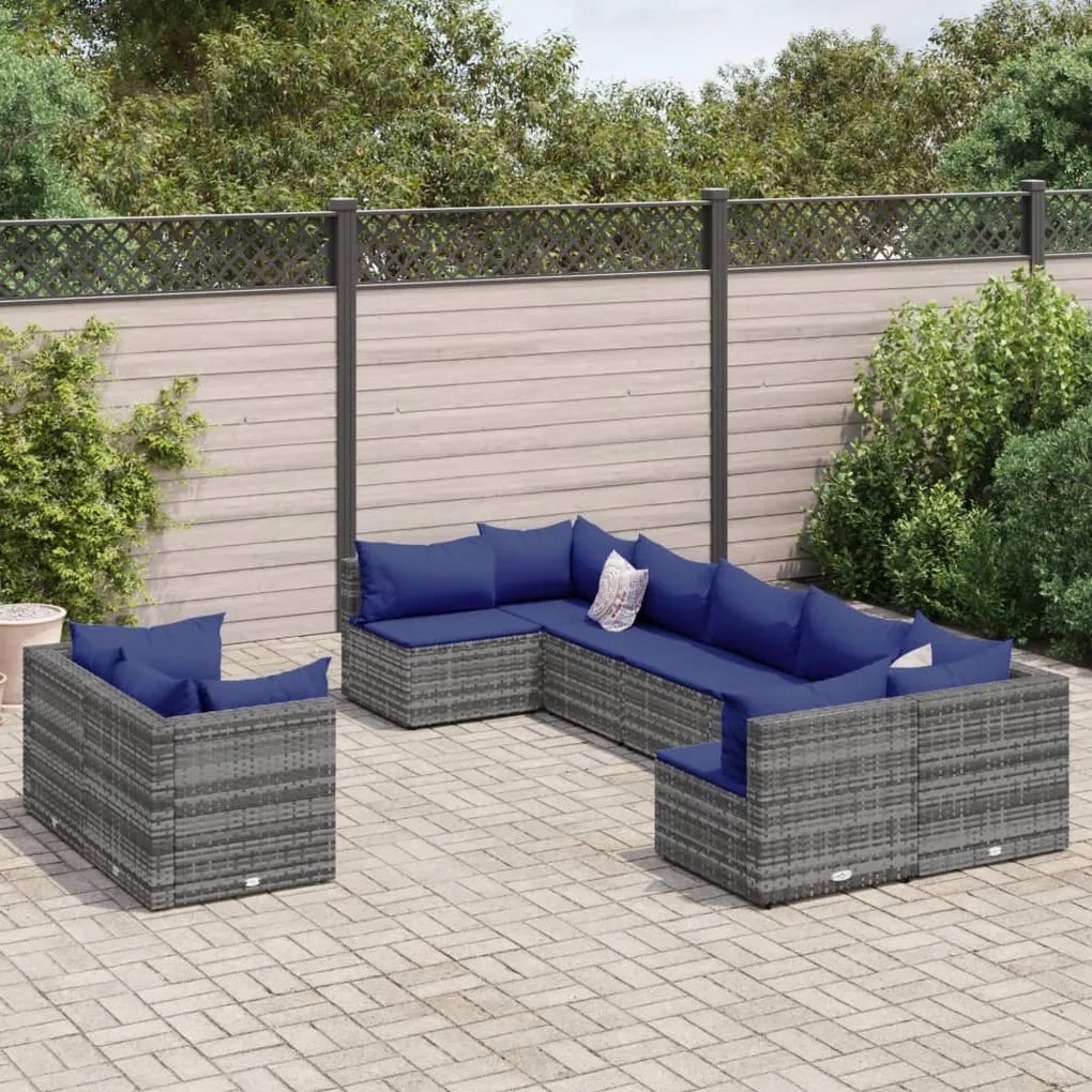 vidaXL 9 pcs conjunto sofás p/ jardim com almofadões vime PE cinzento