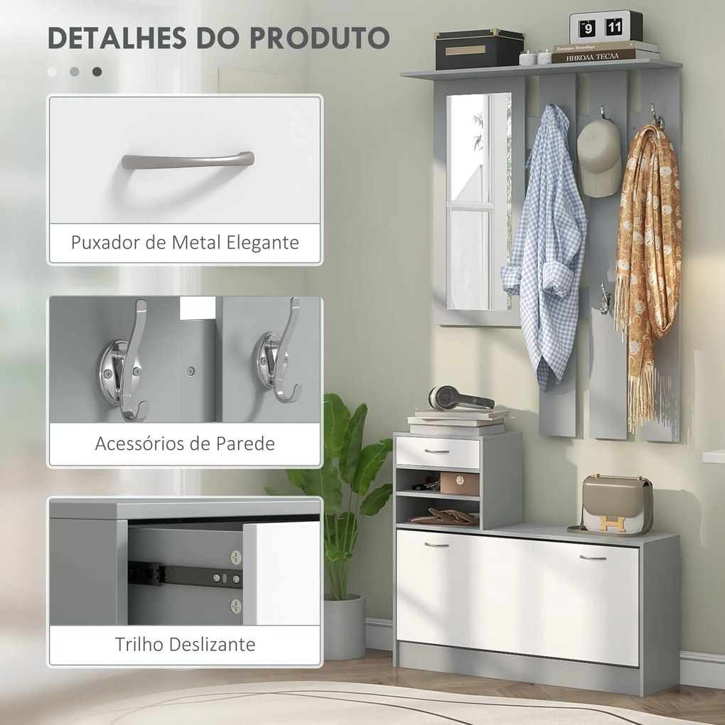 Conjunto de Entrada Dhyana Cinza/Branco - Sapateira, Espelho e Cabide