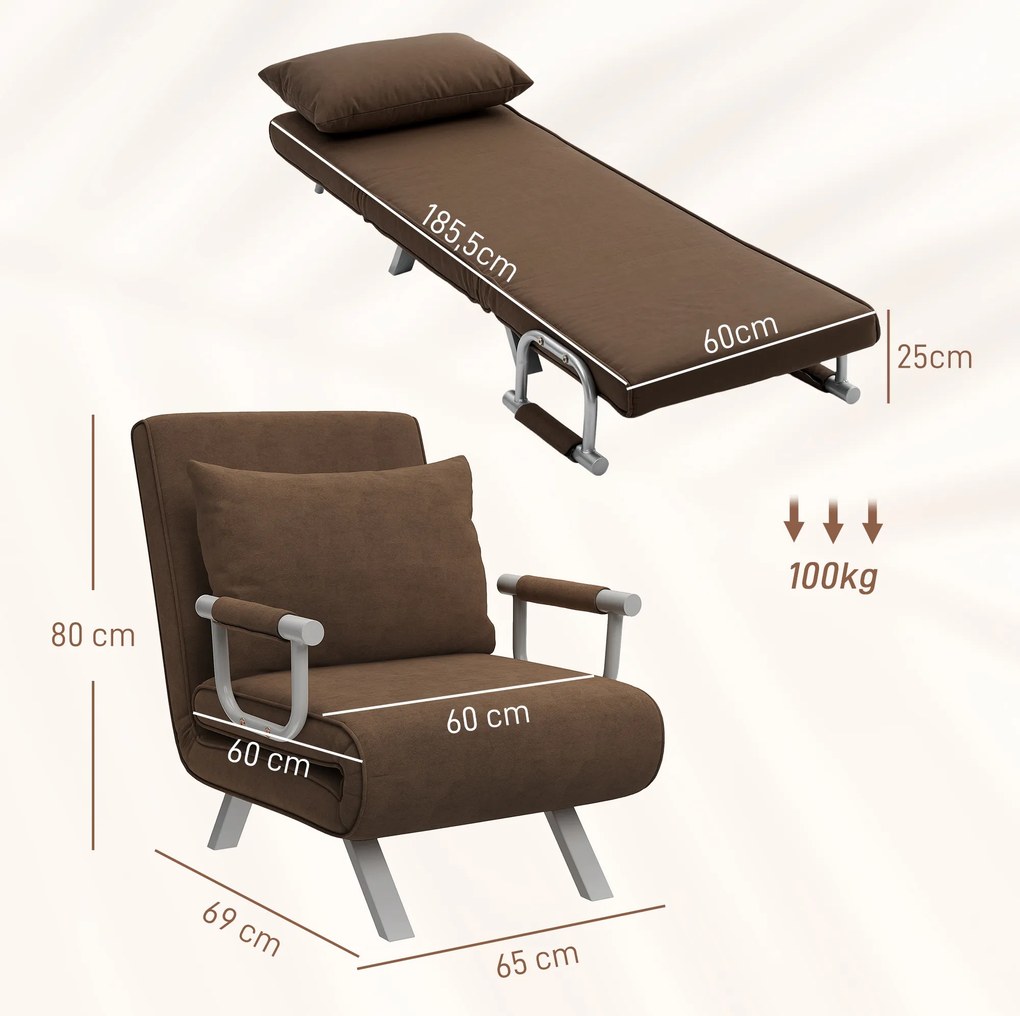 Poltrona-cama convertível de 1 lugar com capa removível, grande conforto, almofada, pés e braços em metal, camurça castanha