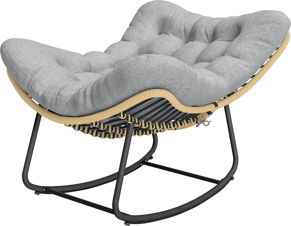 Cadeira de baloiço de jardim para interior e exterior, cadeira de baloiço em resina trançada com almofada macia, cinzenta
