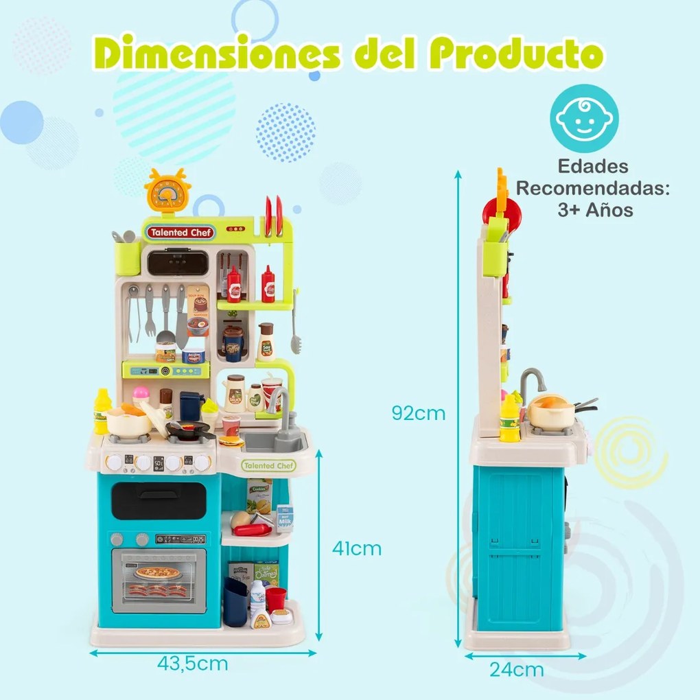 Cozinha Brincar para crianças com luzes, sons, fogão a vapor realista, lava-louças e 95 acessórios. Brinquedo educativo para crianças a partir dos 3 a
