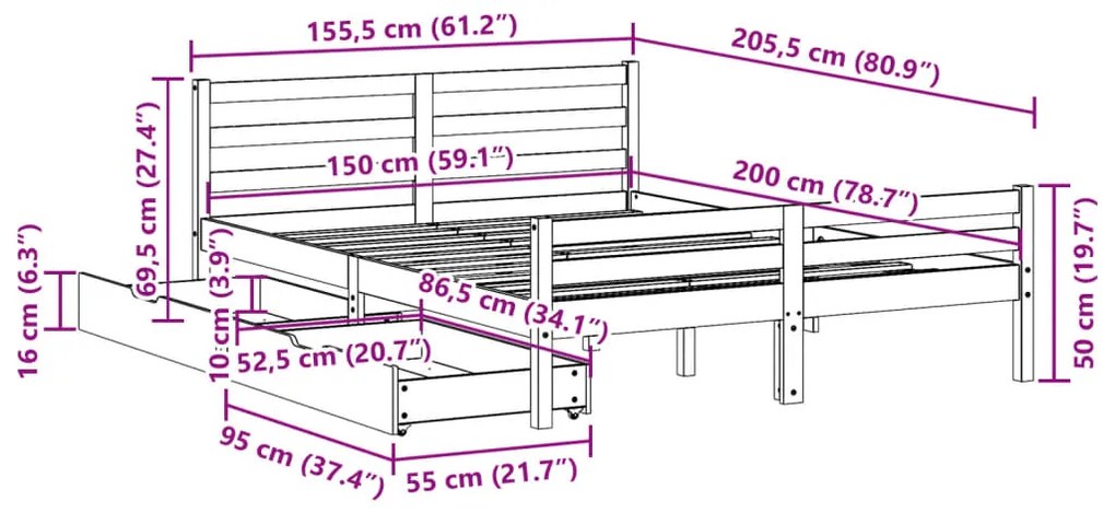 Cama sem colchão 150x200 cm madeira de pinho maciça