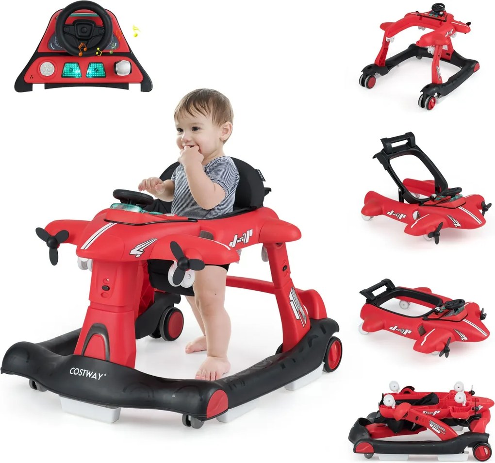 Andador 6 em 1 para bebés de 6 a 18 meses, dobrável, com tema de avião, altura ajustável, bandeja para refeições, centro de atividades conversível, ve