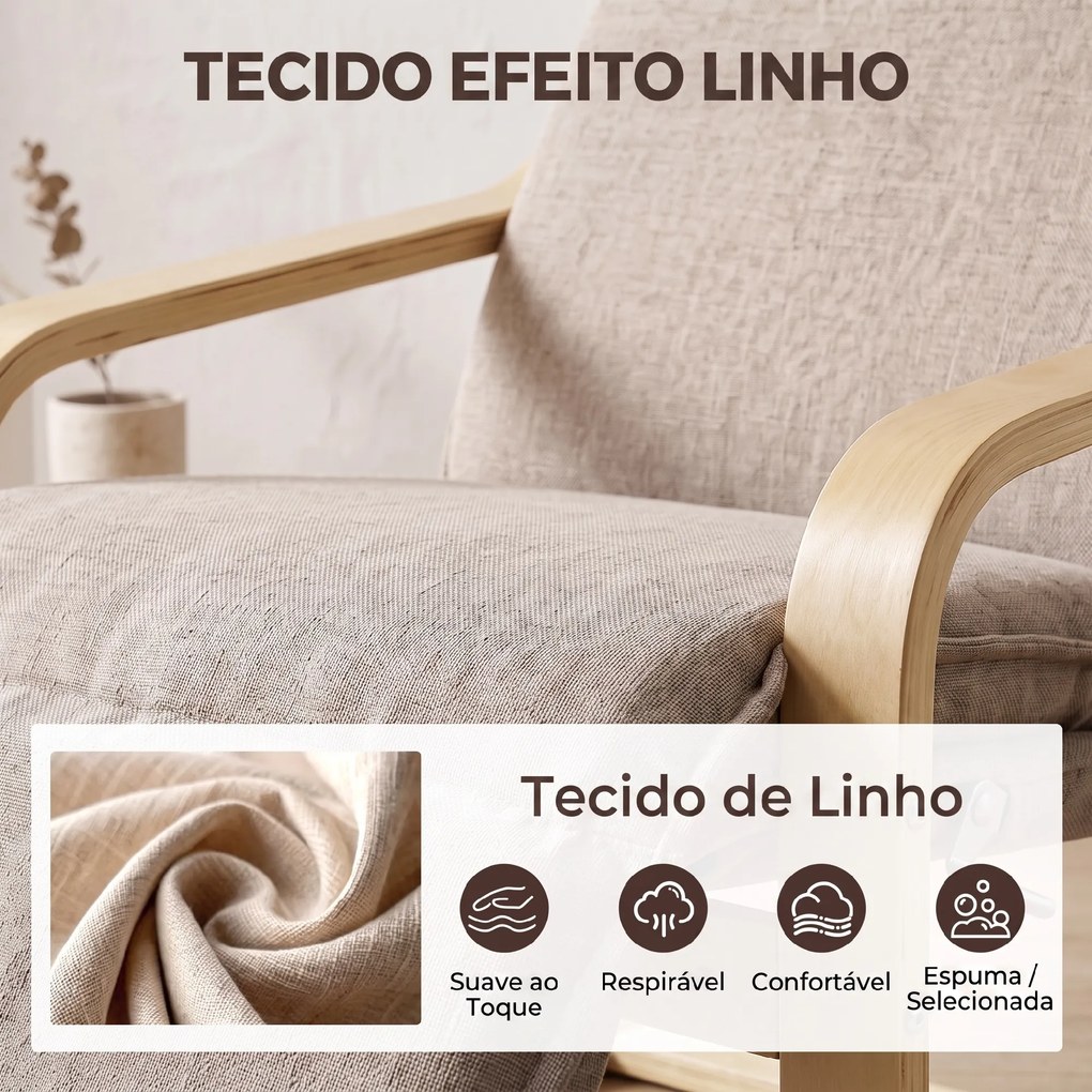Poltrona para Sala em Tecido Aspeto Linho com Apoio para os Pés Baloiço Suave Encosto Alto e Assento Largo Castanho Claro