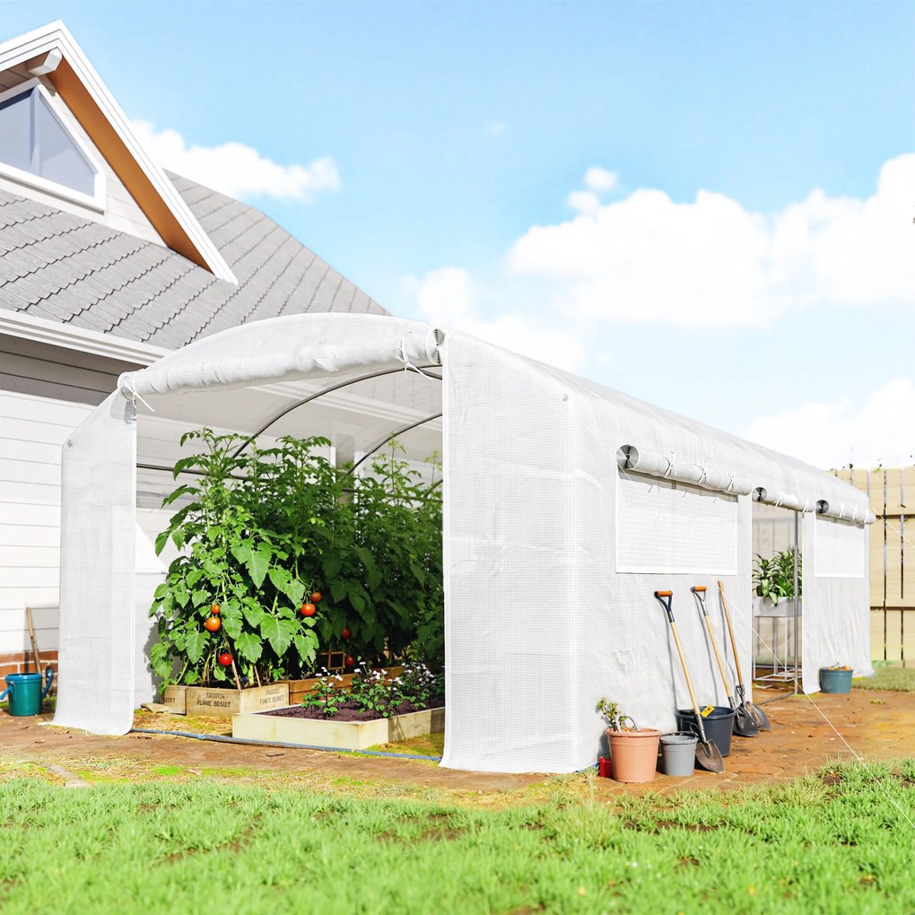 Estufa Túnel 6x3x2 m com 3 Portas Enroláveis, 6 Janelas com Rede e Estrutura de Aço Galvanizado Branco