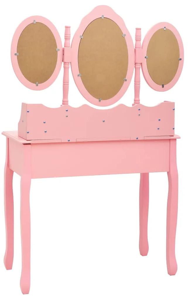 Toucador com banco e espelho tripartido rosa