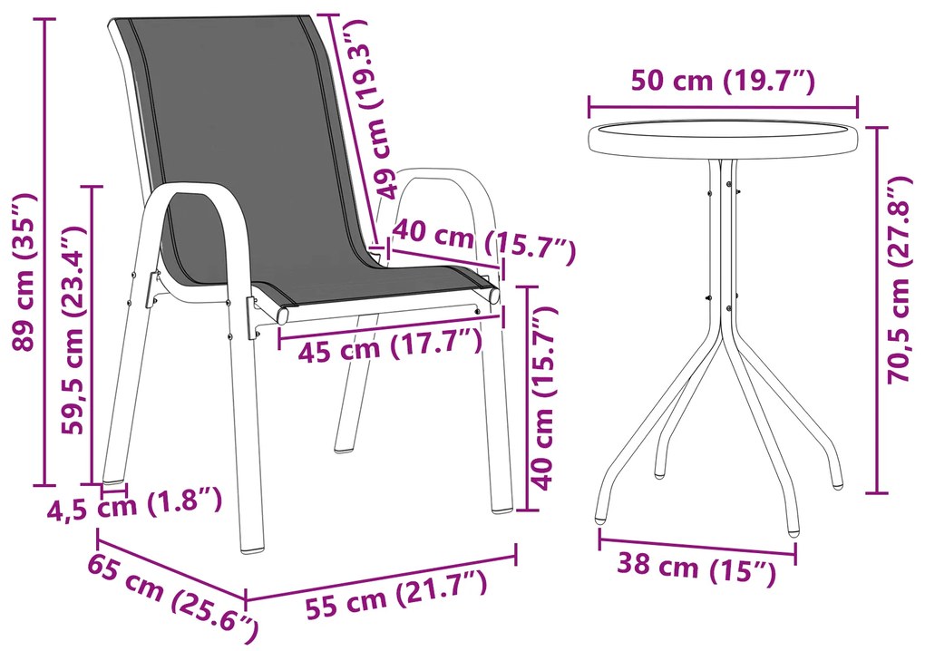 Conjunto Bistro de Jardim de 3 Peças Cinza Textilene e Aço