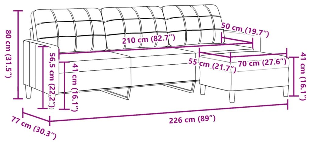 Sofá de 3 lugares com apoio de pés 210 cm tecido castanho