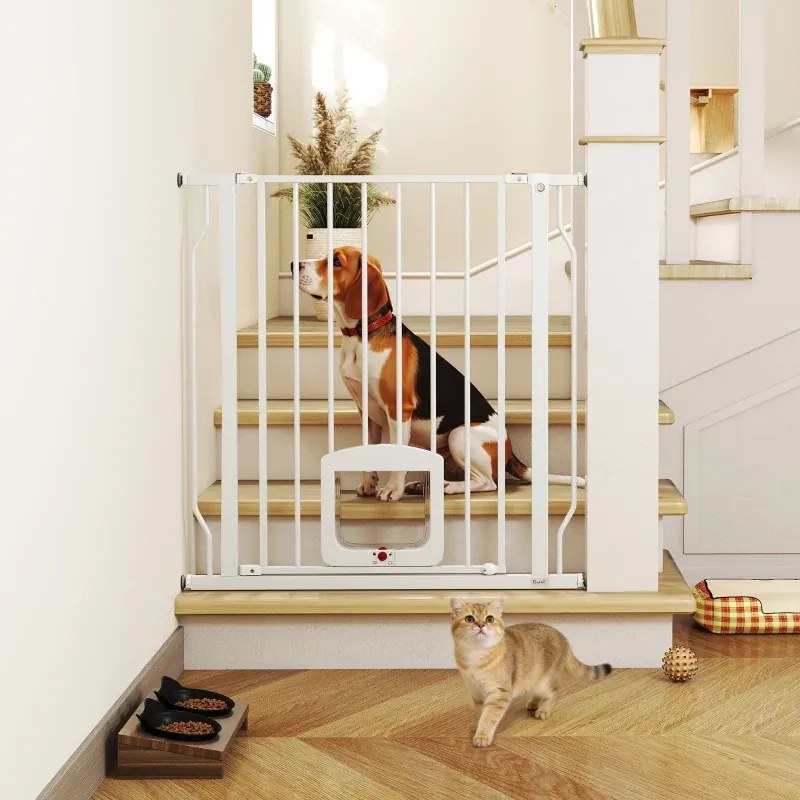 Barreira de Segurança Extensível para Cães 75-85 cm para Portas e Escadas com Portinhola Pequena Montagem por Pressão Duplo Bloqueio Branco