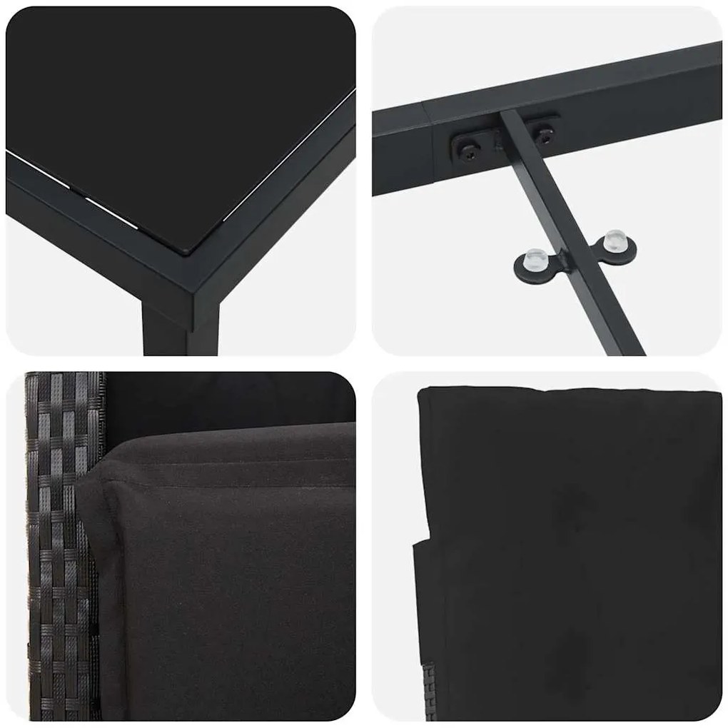 Conjunto de Jantar de Jardim em 3 Peças com Almofadas Preto de Rattan