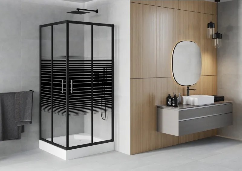 Mexen Rio cabina de duche quadrada 90 x 90 cm, faixas pretas, preta + base de duche, branca - 860-090-090-70-20-4510