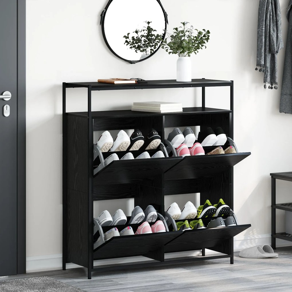 Gabinete de Sapatos com 4 Gavetas Basculantes Carvalho Preto 100x34x11