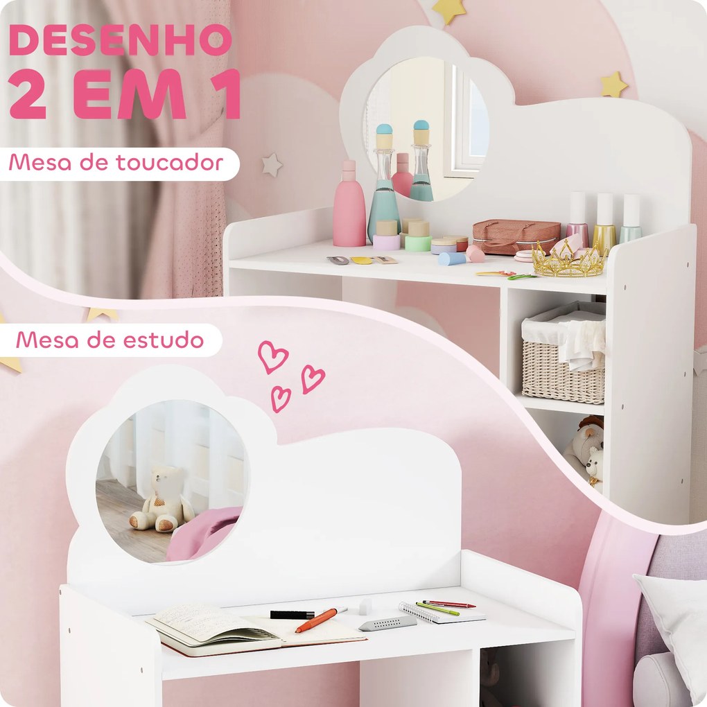 Toucador para Crianças com Banco e Espelho em Forma de Flor com Compartimentos Abertos 70x39x92,5 cm Branco