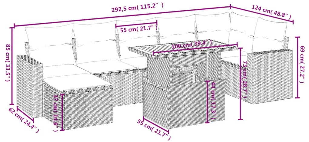 8 pcs conjunto sofás de jardim c/ almofadões vime PE cinzento