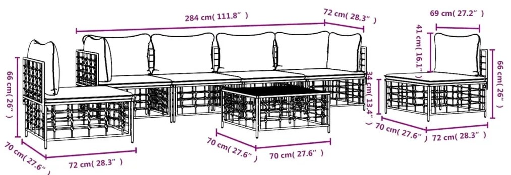 7 pcs conjunto lounge de jardim c/ almofadões vime PE antracite