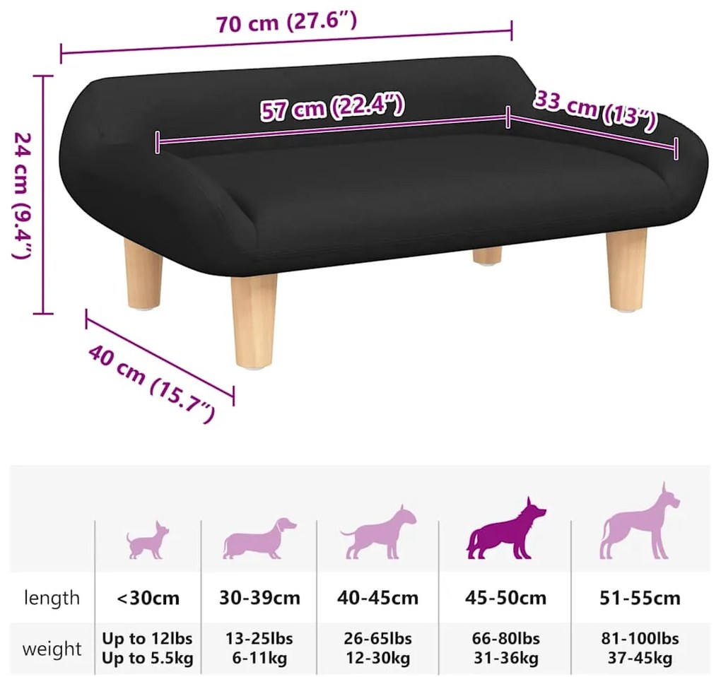Cama para cães 70x40x24 cm tecido preto