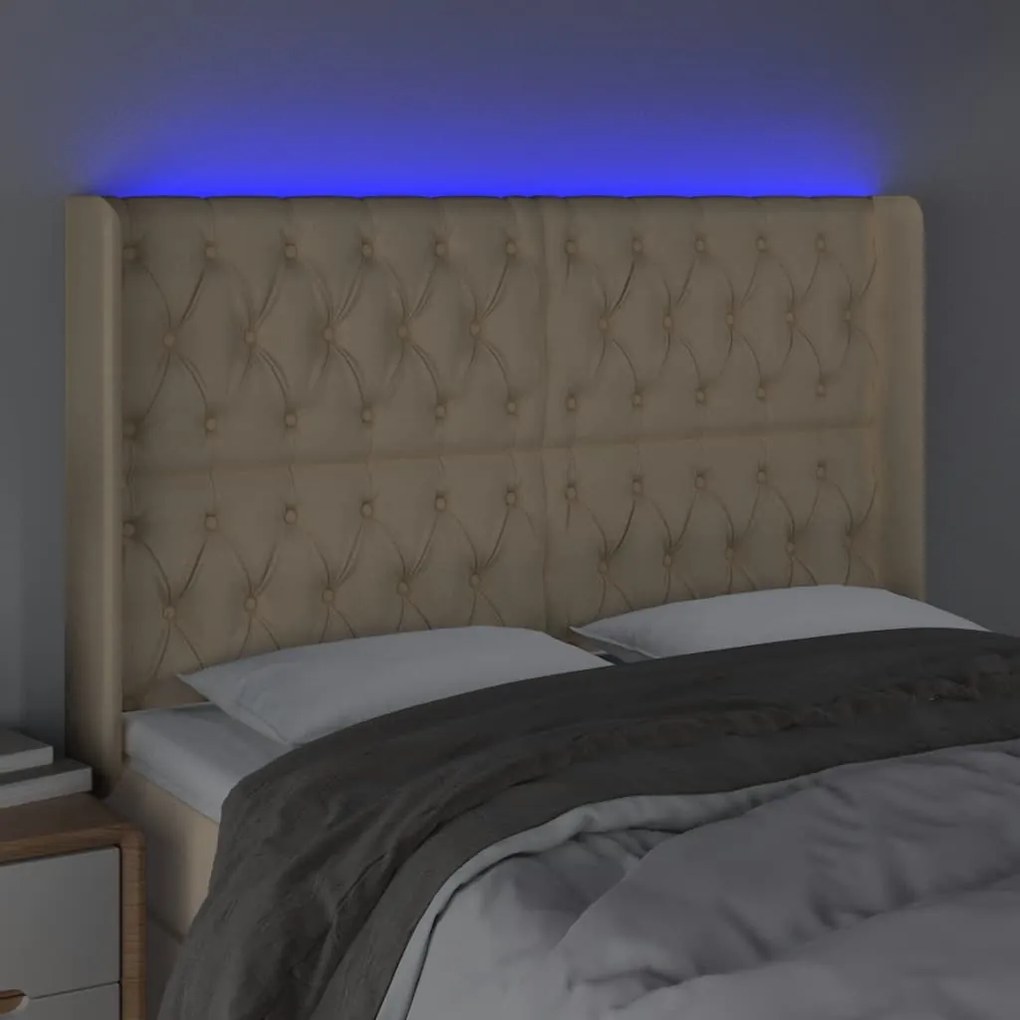 Cabeceira cama c/ luzes LED tecido 163x16x118/128 cm cor creme