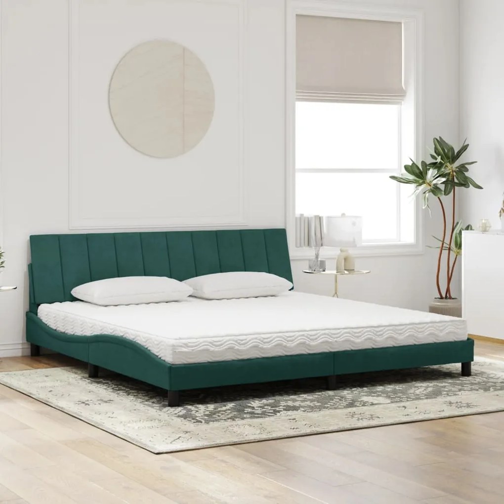 Cama com colchão 200x200 cm veludo verde-escuro