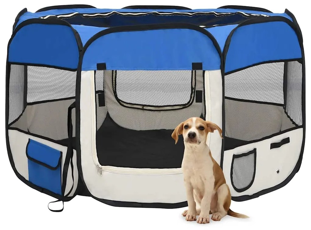 Parque dobrável p/ cão c/ saco de transporte 110x110x58cm azul