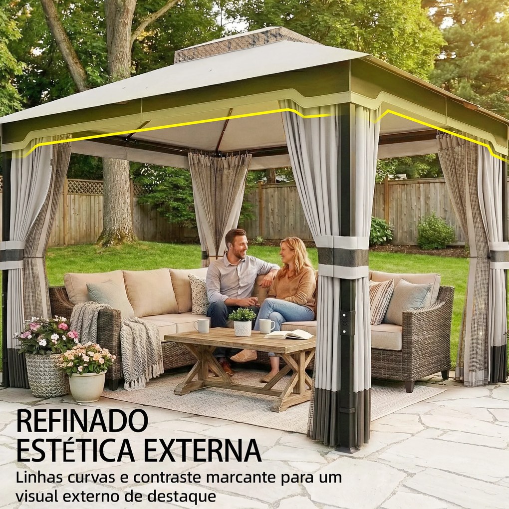 Pérgola de Jardim 360x300x279 cm com Duplo Teto 4 Paredes Laterais e Rede Mosquiteira Estrutura Metálica Cinza Claro