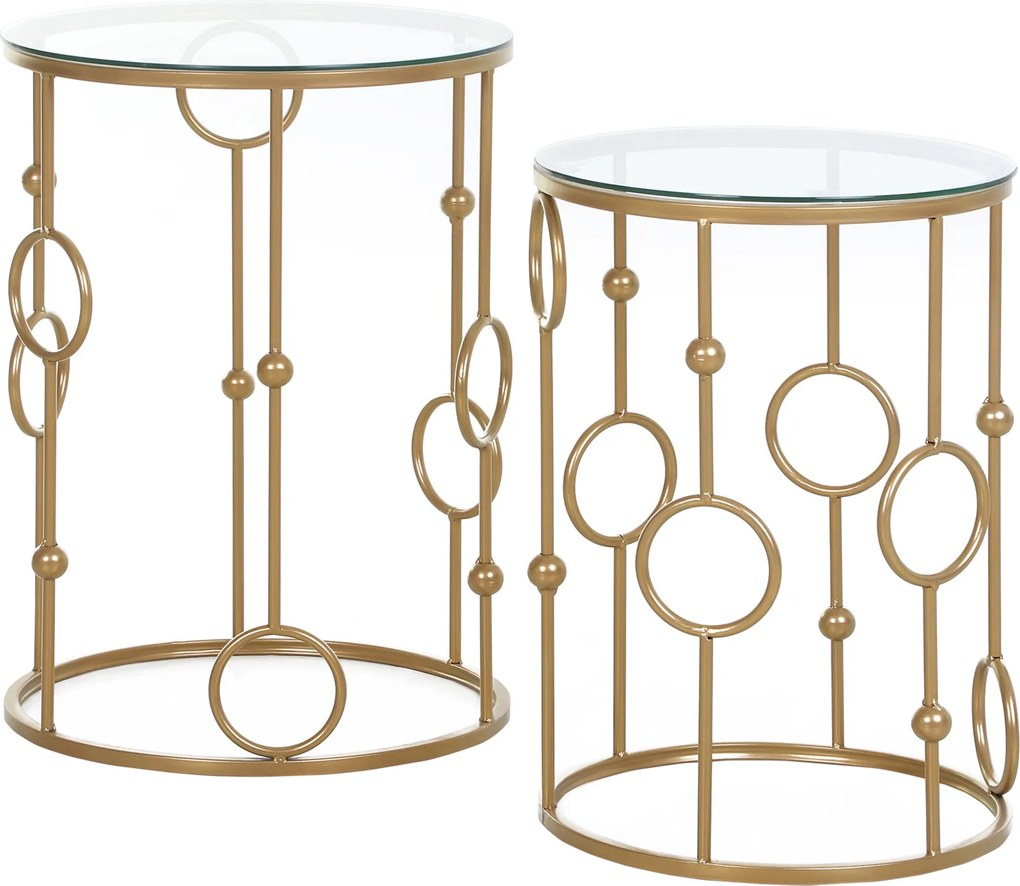 Conjunto de 2 mesas baixas redondas Mesas encaixáveis. de design Art Déco, Ø 41 e Ø 36 cm, vidro temperado de 5 mm metal dourado