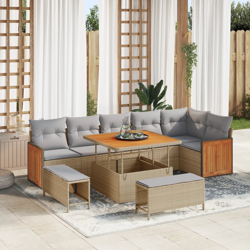 Conjunto de Sofá de Jardim vidaXL 9 Peças com Almofadas Bege Polirattan Acácia
