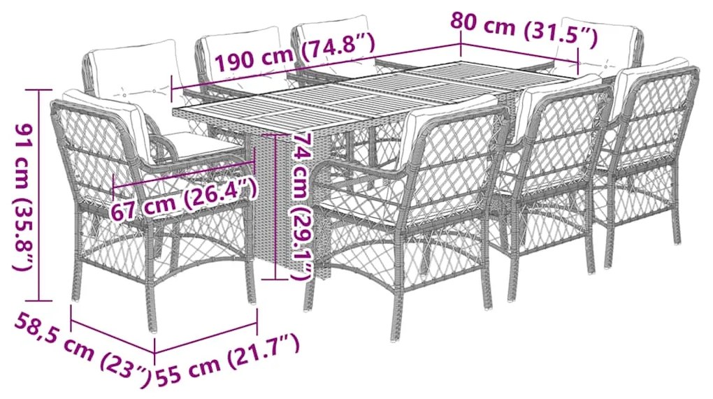 9 pcs conjunto de jantar p/ jardim c/ almofadões vime PE preto